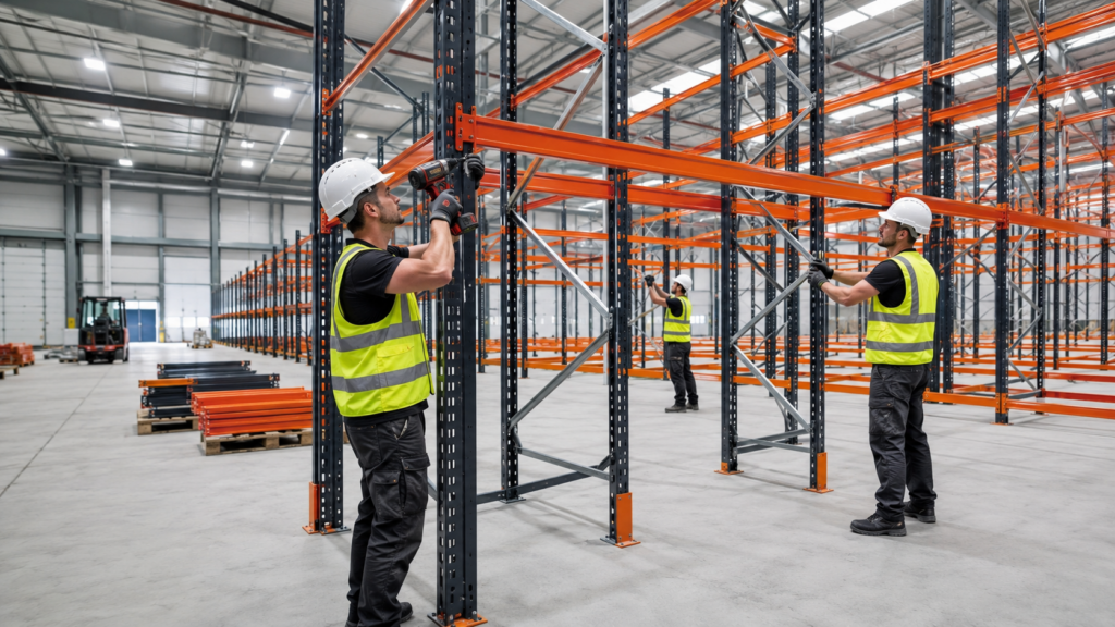 Professionelle Montage eines Palettenregals in einer modernen Logistikhalle durch das Team der GB-SERVICE UG.